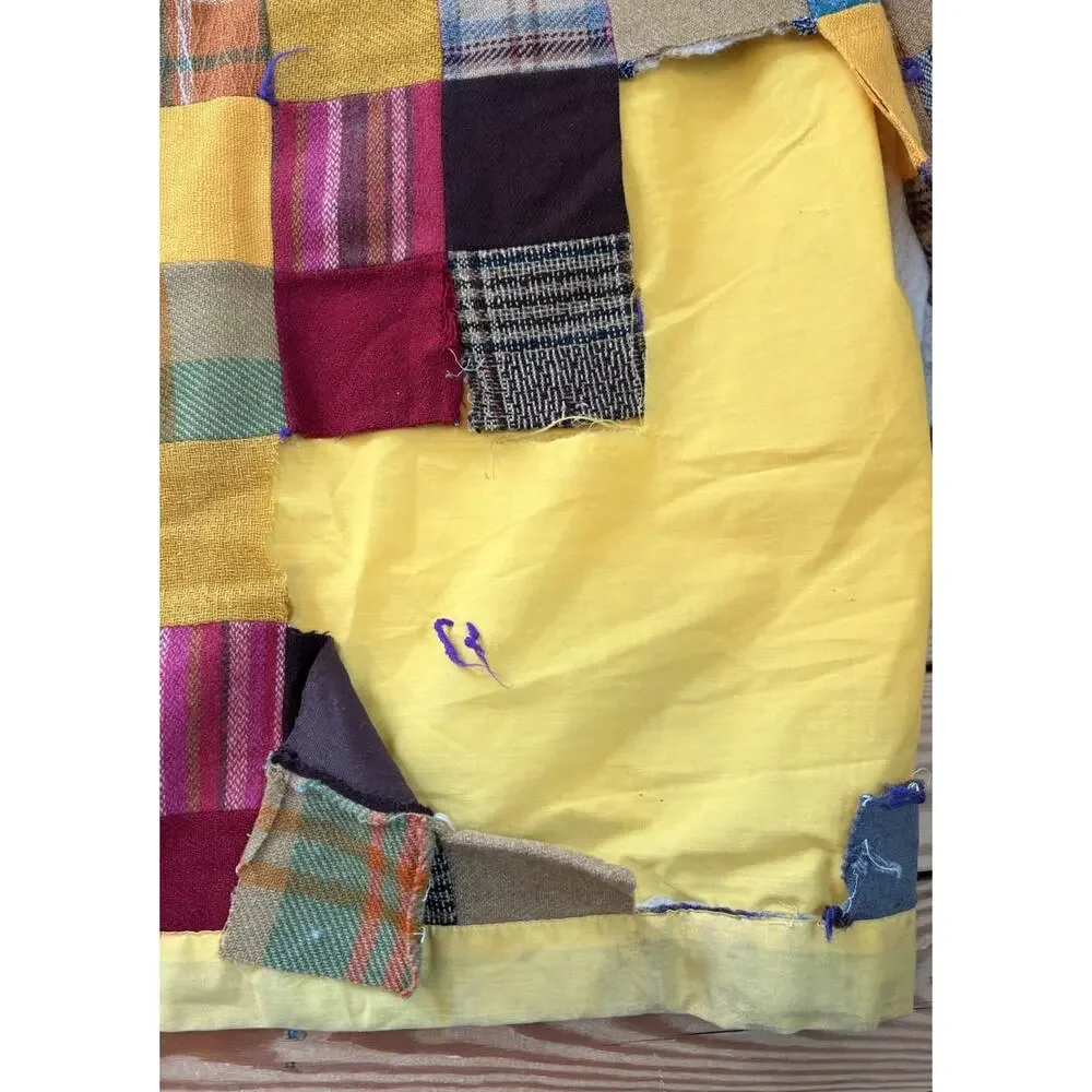 Vintage Handmade Wool Patchwork quilt Size 84x70 Yellow Sf